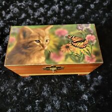vintage small cedar hinged jewelry box kitten and butterfly stamped ozarks picture