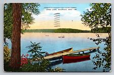 Long Lake Waupaca Wisconsin Vintage Posted 1947 Linen Postcard Boats Dock picture