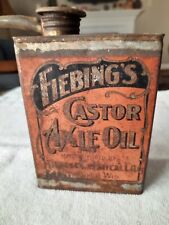 Antique FIEBING'S CASTOR AXLE OIL TIN hand stenciled label with original cap picture