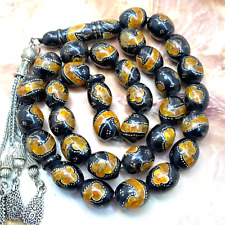 Antique big 33 Prayer Beads AMBER inlay Yemen Natural Black Coral Yusr يسر مكاوي picture