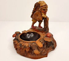 Vintage Wooden Hand Carved Ashtray Gnome Hiking Mushrooms Removable Figurine picture