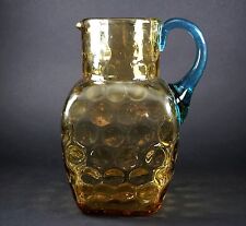 Antique Thumb Print Glass Topaz and Applied Blue Handle Glass Pitcher picture