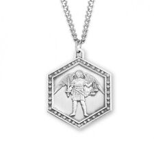 Archangel Saint Michael Hexagon Sterling Silver Medal on 24 Inch Plated Chain picture