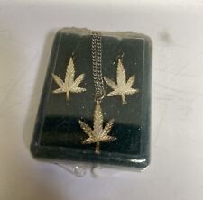 Vintage marijuana Leaf Necklace and Earrings Set Silver Colored Unused 1970's picture