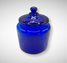 COBALT BLUE DEPRESSION STYLE GLASS MINI COOKIE JAR w/ LID, Vintage, Kitchen Bowl picture