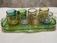A Set of 8 Liquor Glasses with a Green Depression Glass tray picture