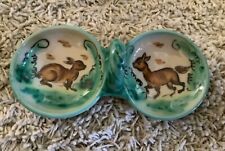 Vintage El Puente Ceramica Majolica Pottery Double Bowl Handpainted Deer/Rabbit picture