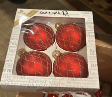 Vintage Set Of 4 Glass Christmas Tree Ornaments Large Red W/ Gold Glitter In Box picture