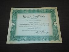 VINTAGE 1945-1946 HONOR CERTIFICATE UNITED COMMUNITY WAR CHEST OF SCHENECTADY picture