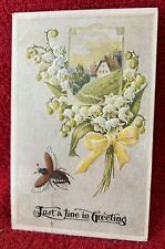 Flowers & Bee Embossed Just a Line in Greeting 1927 Postcard Vintage picture