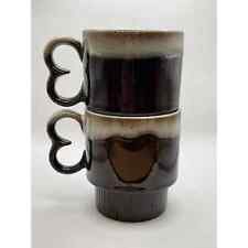 Vintage Brown Cream Drip Glaze Double Ring Handle Stoneware Mug Japan Set Of 2 picture