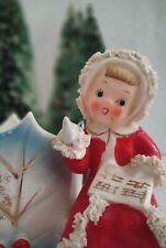 Napco Girl Figurine Planter, Holly Christmas Singing Hymn Spaghetti Trim Vintage picture