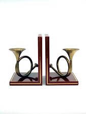 (2) VTG Cherrywood & Brass Inlay French Horn Trumpet Bugle Music Bookends Korea picture