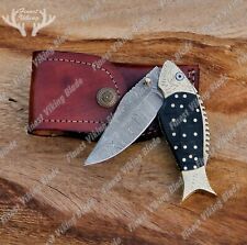 PERSONALIZED UNIQUE HANDMADE Fish Damascus Folding Pocket Knife Perfect Gift picture