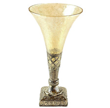 Vintage Crackle Glass Trumpet Vase Embossed Metal Base Hollywood Regency 15