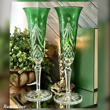 Waterford Merry Christmas Champagne Flutes Emerald Green Toasting Glasses - 2 picture