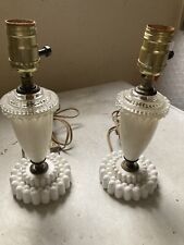 Vtg 50's PAIR Art Deco Beaded Milk glass dresser lamps boudoir  lights picture