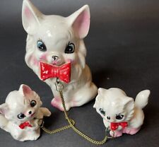 Vintage MCM Pink Ceramic Cat Family Mom & 2 Kittens W Chains Attached Kitschy picture