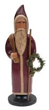 Vintage Eli C. Royston Hand Carved Folk Art Santa with Wreath & Two Bells 1985 picture
