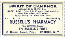 1 Vintage Gummed Label SPIRIT OF CAMPHOR Russell's Rexall Pharmacy Cornith N.Y. picture
