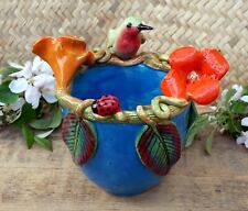 Turquoise Flower Pot Hummingbird Ladybug Flowers Handmade Tonala Mexico Folk Art picture