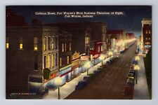 Fort Wayne IN-Indiana, Calhoun Street At Night, Antique Vintage Postcard picture