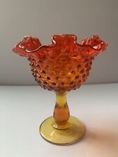 (J) VINTAGE Fenton Glass Compote Colonial Orange Hobnail Double Crimp 1970s picture