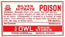 Vintage Pharmacy Label SILVER NITRATE w/ Skull & Bones Owl Drug Stores Muncie IN picture