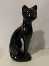 Vintage Black Ceramic Kitty Cat Statue Figurine Green Painted Eyes MCM Style picture