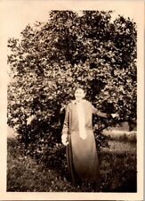 c1915 Elderly Woman Standing By Tree Beautiful Dress Snapshot Photo picture