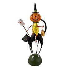 Lori Mitchell Halloween Pumpkin Head Man Riding On Black Cat 10” Tall Folk Art picture