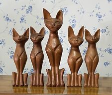 Set of Five Vintage Wood Hand Carved Siamese Cat Sculptures Statues Handcrafted  picture