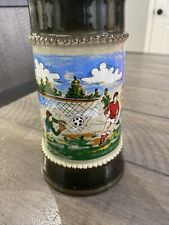 German Handmade Handerbeit Beer Stein Football Soccer World Cup Lid 7” Vintage picture