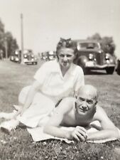 V9 Photograph Handsome Old Shirtless Bald Man  1940 Old Cars Pretty Young Wife picture