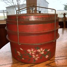 RARE Vintage 1940’s Food Carrier 3 Sections Wire Snap Down Original Red Paint picture
