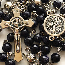 BLUE JADE PRAYER BEADS & SILVER ROSE BEADS ROSARY ITALY CROSS Catholic necklace picture