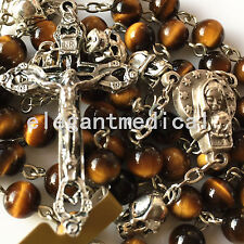 Silver skull bead Tiger Eye Beads Rosary Catholic Necklace Italy Cross Jerusalem picture