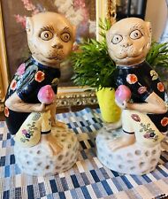 Pair Of Vintate Andrea By Sadek Porcelain Monkeys With Longevity Peaches, 11” picture