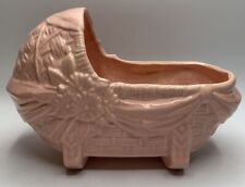 VTG McCoy Ceramic Pottery Baby Bassinet Basket Crib Pink Planter 9