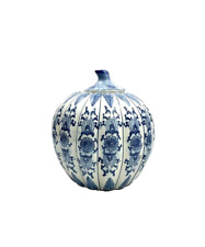 Ginger Jar Pumpkin Shape Oriental Style Vintage Blue & White Flower Design  picture