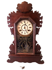 Antique WATERBURY Dark Oak Victorian Key Wound Striking Shelf Mantel Clock picture