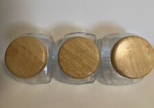 Set of 3 VTG GLASS APOTHECARY BUBBLE TILTED CANDY/STORAGE CANISTERS w/WOOD LIDS picture