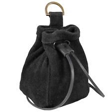 Medieval Belt Pouch Renaissance Drawstring Genuine Leather Waist Bag Black Suede picture