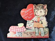 Vintage Valentine Cute Gray Cat Kitten Waiter Waitress Server Serving Red Heart picture