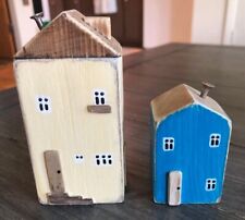 Lot Vintage Wooden Shelf Sitter Wood Block Houses Lot Of 2 picture