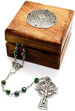 Catholic Green Irish Acrylic Rosary Prayer Beads Silver Plated Celtic Cross box picture