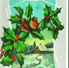 A Merry Christmas Sparrows Holly Branch Cabin Scene Embossed Silver UNP Postcard picture