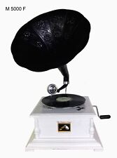 Deluxe White Gramophone Player 78 rpm phonograph Brass Horn HMV Vintage Wind Up picture