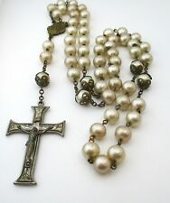 Vintage Catholic Rosary Unique Large Simulated Pearls Fillagree Bead Caps 39-12 picture