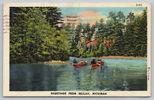 Beulah MI-Michigan, Greetings, Lake Forest Landscape Canoeing, Vintage Postcard picture
